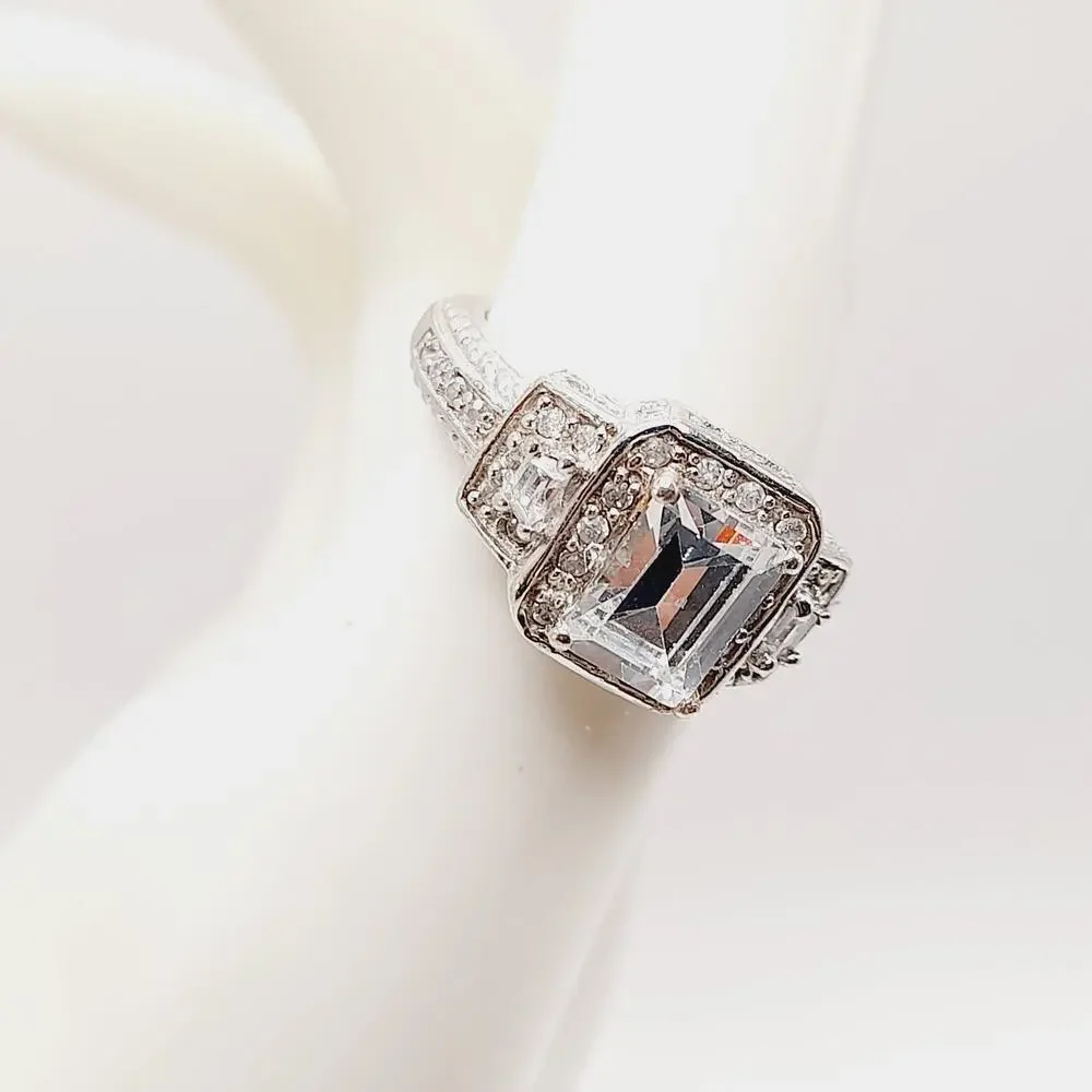 Vintage PJM 925 Sterling Silver Ring – Emerald-Cut Quartz/CZ – Size 7